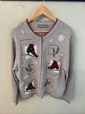croft & barrow Beige Zip-Front Cardigan with Red Plaid Ice Skate Appliqués